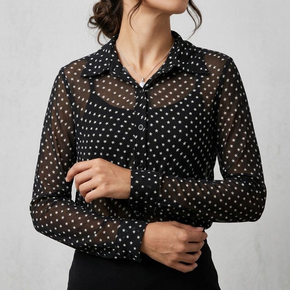 Cabi Celebrity Star Shirt Womens XXS 2XS Black Sheer Button Down Blouse Top